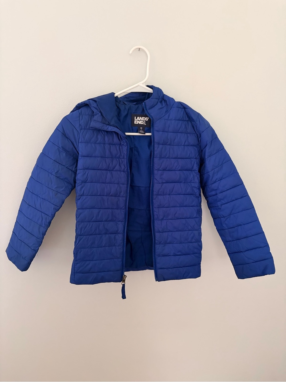 EUC Lands' End Kids Royal Blue Hooded Packable Puffer Jacket